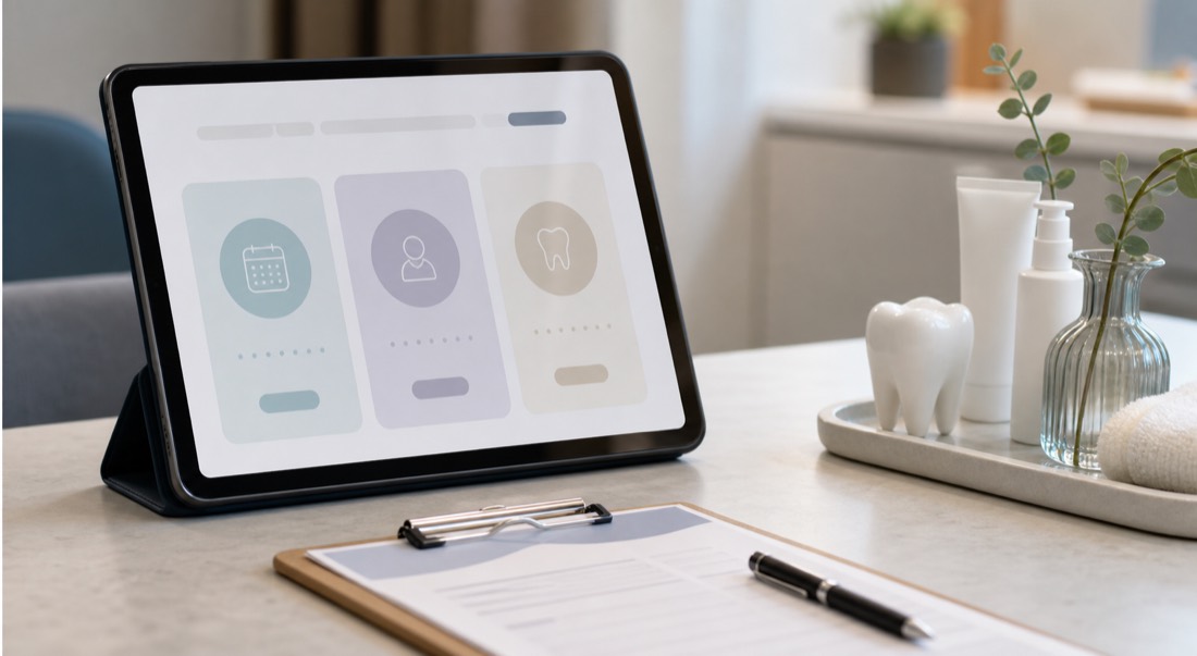 Clinic appointment planning desk with tablet and consultation materials