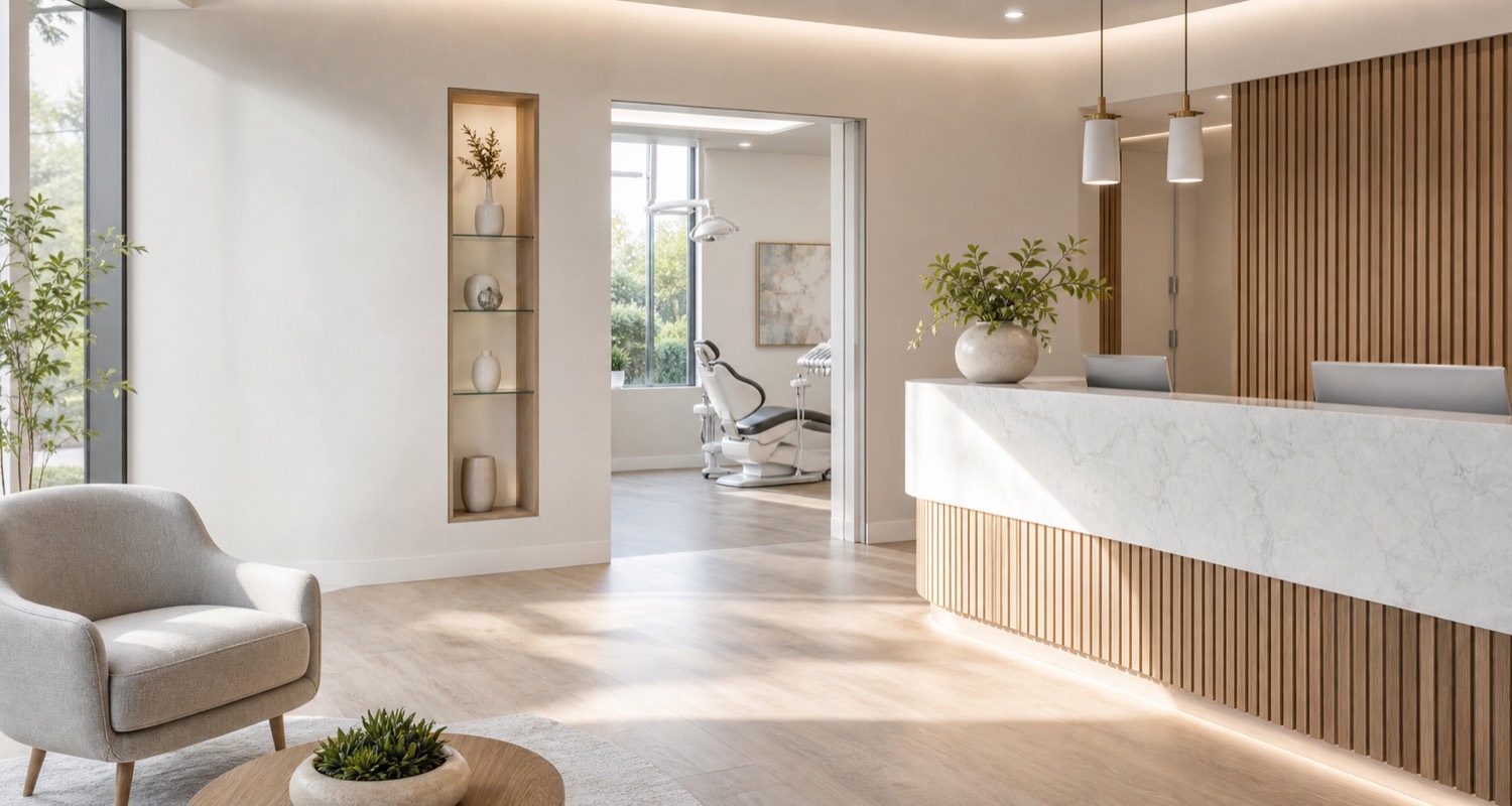 Calm modern clinic reception with consultation rooms and soft daylight